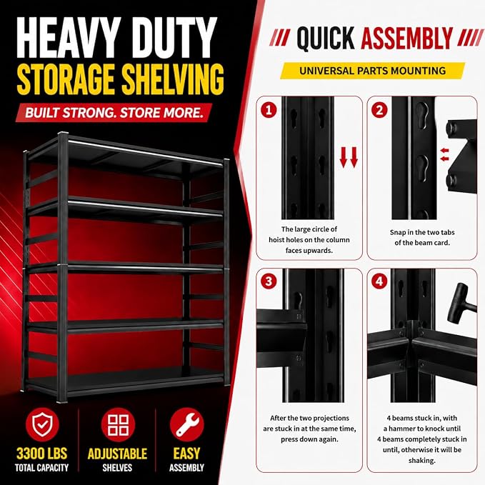 Garage Shelving,2-in-1 Adjustable Storage Shelves with Guard | 3300LBS Capacity Heavy Duty Shelving,Metal Shelf Reinforced Double-Layer Columns for Garage Basement Kitchen Black