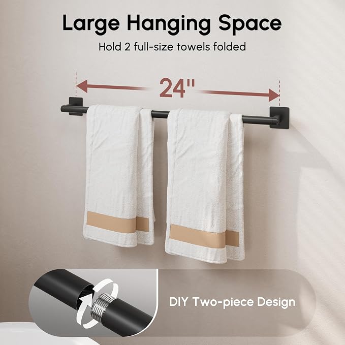USHOWER Matte Black Towel Bar, 24 Inch Towel Racks for Bathroom | Heavy Duty Stainless Steel Towel Holder Wall Mounted, Easy Installation (Total Length 26 Inch)