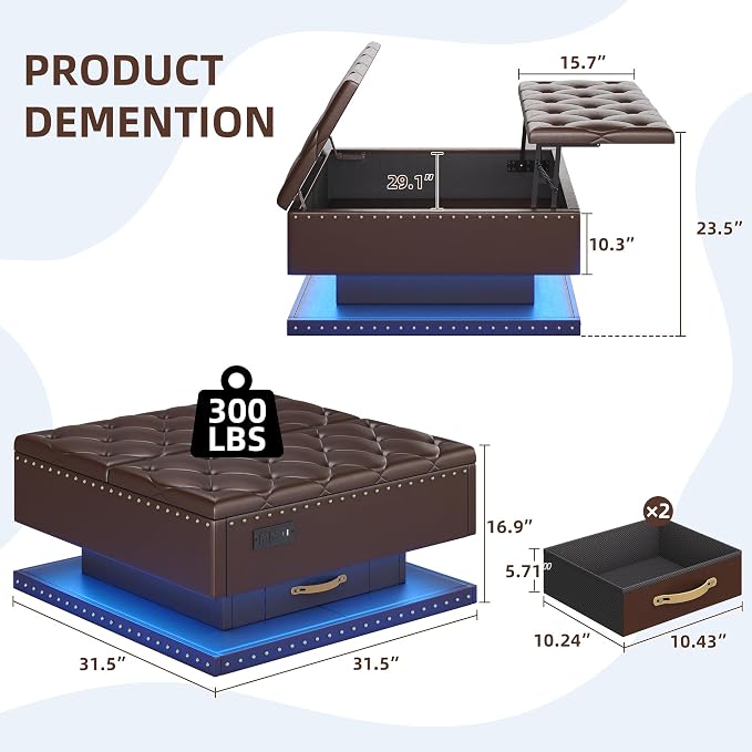 Large Square Ottoman with Storage, Square Storage Ottoman Coffee Table | Coffee Table Storage Ottoman Bench with Lift Top and Two Tier Drawers, LED Ottoman Bench with Charging Station, Brown