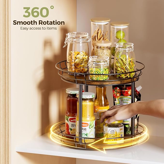 LAMU 10'' Lazy Susan Turntable Organizer, 2 Tier Round Rotating Spice Rack Organization for Kitchen Cabinet and Countertop, Wooden Lazy Susan for Table Top, Pantry, Bathroom, Vanity, Home Decor