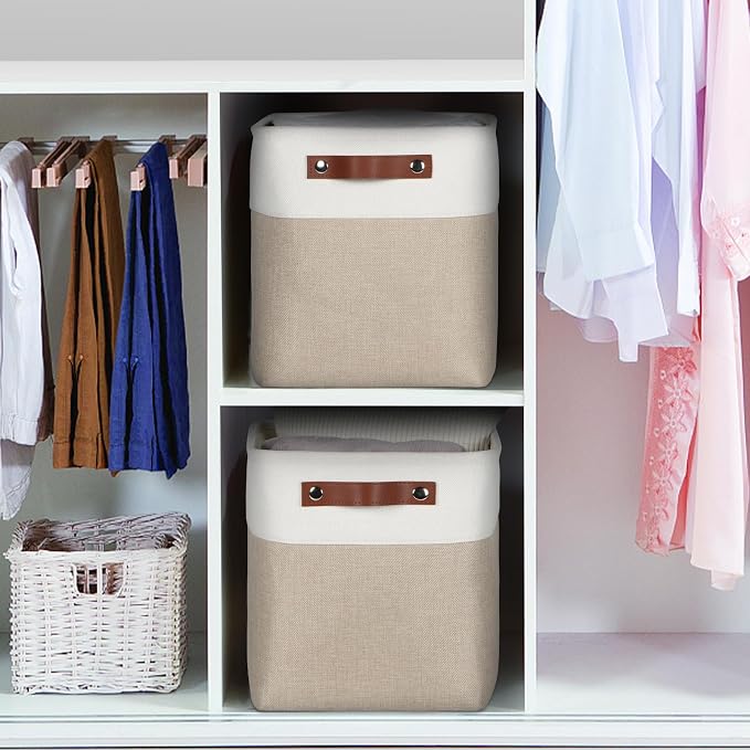 Univivi Fabric Cube Storage Bins,Khaki,10.5x 10.5x 11 inch,4 Pack | Hard Cardboard Bottom,Linen Closet Baskets,Metal Frame,Foldable,with PU Handles for Shelves
