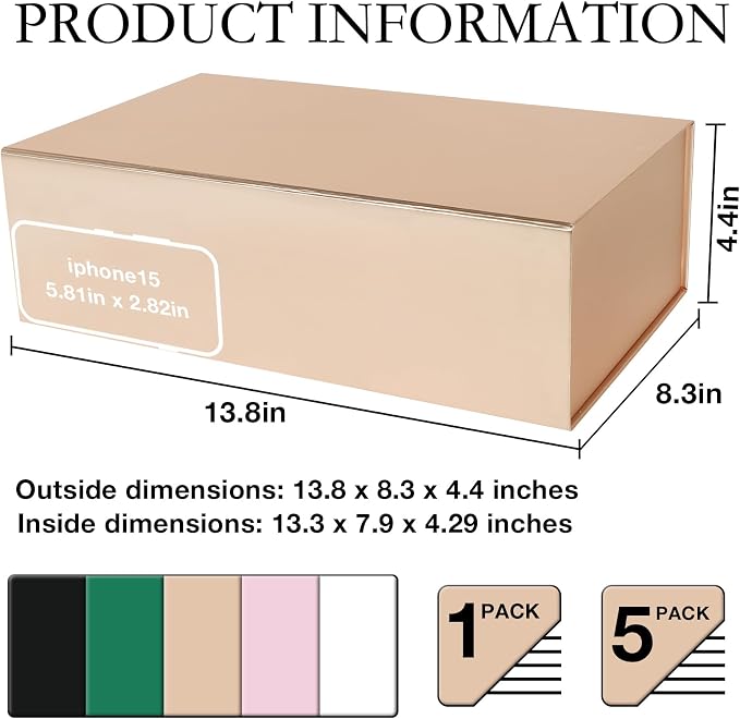 LFBOX Rose Gold Christmas Gift Box with Magnetic Lid 1 Pack | Large Bridesmaid Groomsman Proposal Boxes,13.8x8.3x4.4 in, Collapsible Rectangle Storage Box