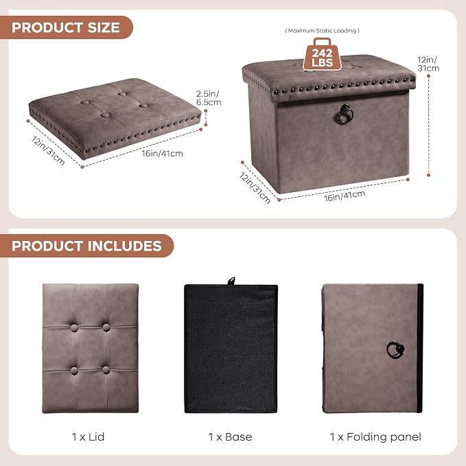 oakvivo 16x12x12 Inches Folding Cube Storage Ottoman, Small Leather Foot Rest Stool with Button Tufted Rivet Design, Footstool Bench, Ottoman with Storage for Living Room, Coffee Table, Oak Brown