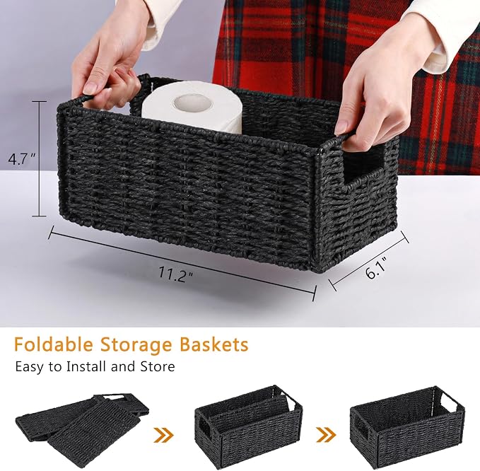 Vagusicc Wicker Storage Basket, Set of 2 Hand-Woven Paper Rope Wicker Basket, Small Storage Baskets for Organizing Toilet Paper Basket, Foldable Large Cube Storage Organizer Bins for Shelves (Black)