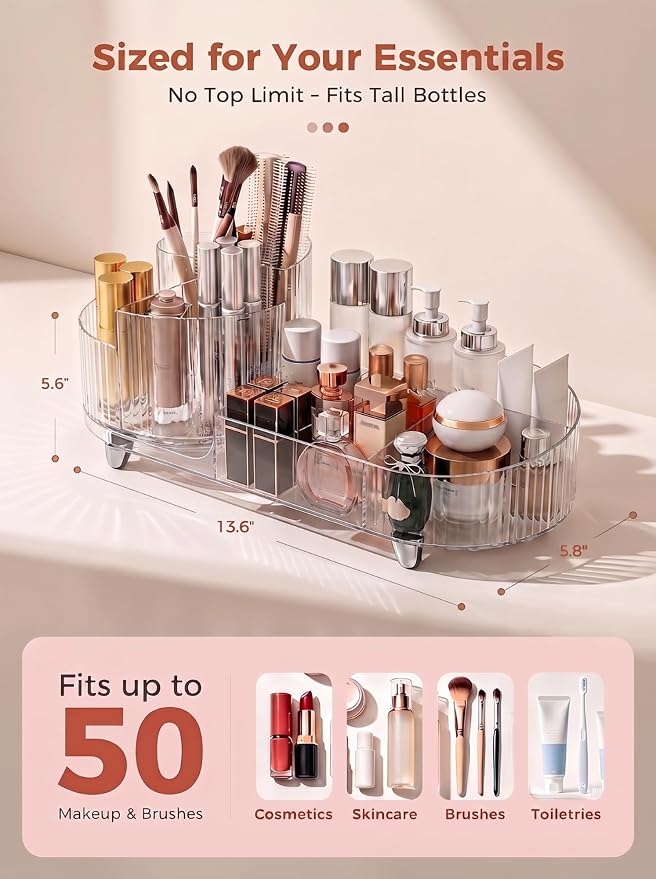 Booklov Rotating Makeup Organizer for Vanity Countertop, Clear | Clear Acrylic Cosmetic Display Case, Large Beauty Brush Holder for Bathroom Counter, Skincare Lipsticks Storage