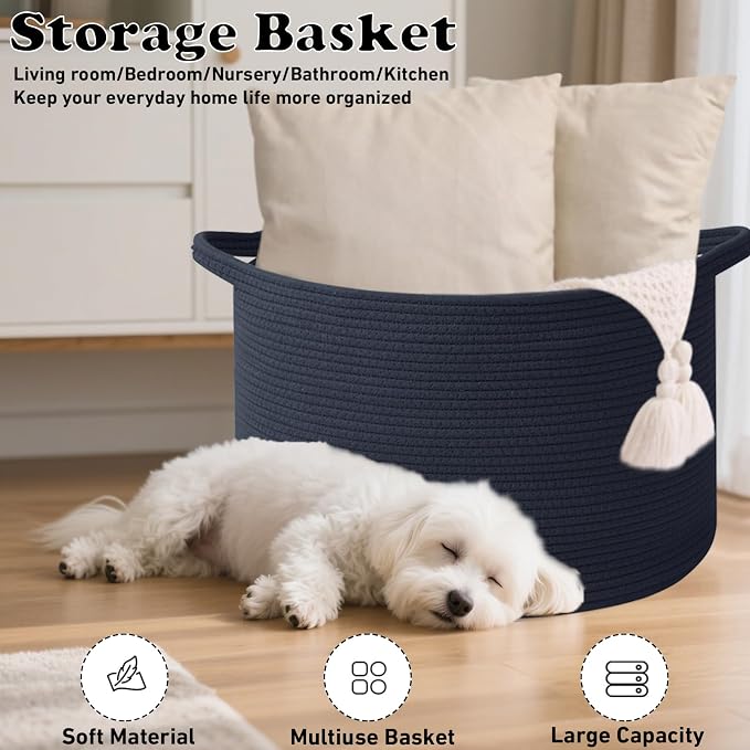 115L Extra Large Woven Cotton Rope Laundry Basket-Navy Blue | Collapsible, reinforced handles, nursery storage bin organizes clothes, toys and pillows for living room, bedroom bathroom