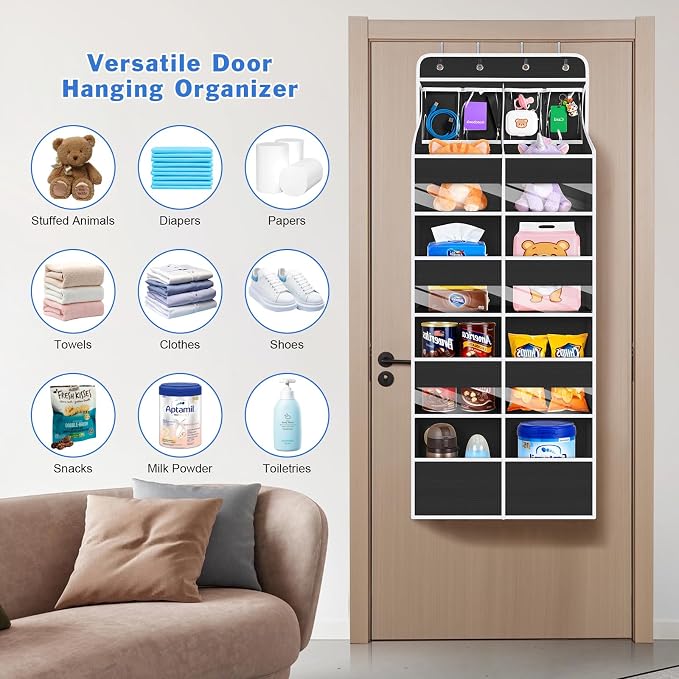 Univivi Upgraded Over the Door Organizer for Baby Nursery, Black, 5-Shelf | Fabric Door Organizer with Clear Window Deep Pockets, Over Door Hanging Organizer for Baby Essential, Bedroom, and Dorm