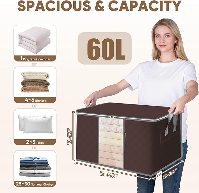 BALEINE 8 Pack Clothes Storage Bags, 16 Gallon Storage Containers with Reinforced Handle, Sturdy Zipper, Closet Organizer for Blanket, Comforter, Pillow, Bedding (Brown, 8 Pack)
