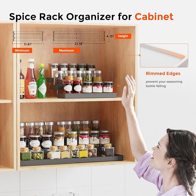 2 Pack Expandable Spice Rack Organizer for Cabinet - 3 Tier Adjustable Cabinet Spice Organizer Easy Visibility - Spice Organizer for Cabinet Countertop Cupboard Pantry Organization (Black)