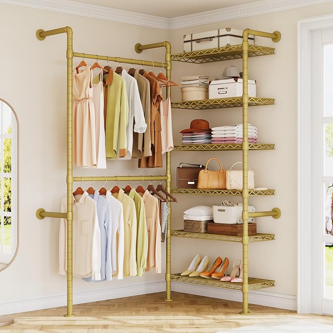 H2 Wall Mounted Clothing Rack, Expandable Industrial Pipe Clothes Rack Garment Racks for Hanging Clothes, Heavy Duty Closet Organizers and Storage in Closet System, Gold