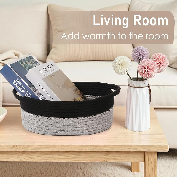 JMvicyroam Small Woven Basket, Empty Gift Basket, Black&Grey/3 Pack | Small Gift Basket, Cotton Rope, 12 x 8 x 80 in, Handles, Includes Ribbon and Bag, Birthday Gift Basket