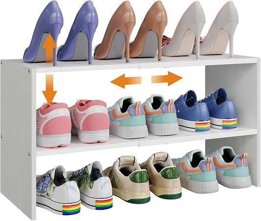 X-cosrack 2-Tier Shoe Rack Organizer for Closet, Expandable and Adjustable White Shoe Rack, Stackable Iron Wood Combination Shoe Storage Shelves for Closets, Entryway, Small Space, Hallway, Garage