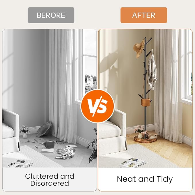 HOOBRO Coat Rack Stand with 9 Hooks, Metal Freestanding Coat Tree with Wooden Base, Heavy Duty Hall Tree for Entryway, Space Saving Coat Hanger Stand with Thickened Base, Rustic Brown BF11YM01