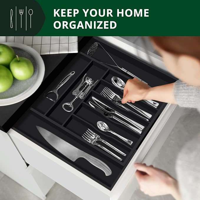 ROYAL CRAFT WOOD Luxury Bamboo Kitchen Drawer Organizer - Silverware Organizer - Utensil Holder and Cutlery Tray with Grooved Drawer Dividers for Flatware and Kitchen Utensils (9 Slot, Black)