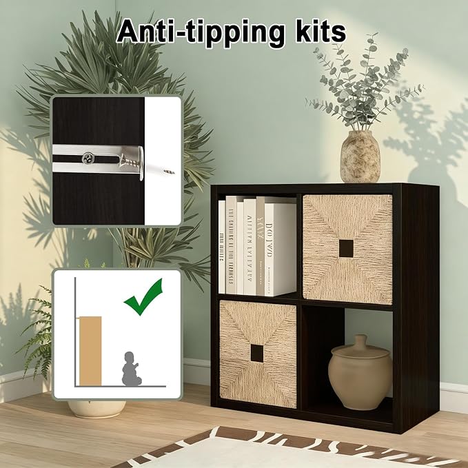CTESNE【2026 Wooden Thick Frame 4 Cube Storage Organizer Shelf with Anti-Tipping Kits + Reversible Open Back Bookcase, Horizontal and Vertical Dual-use（Chocolate,11inch）