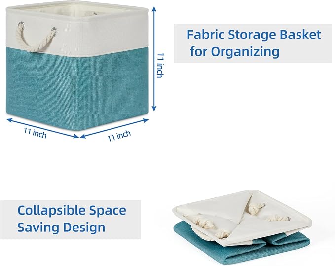 Temary Cubes Storage Baskets 11 Inch Cube Storage Bins 4 Pack Fabric Baskets for Gift Empty Teal Storage Bins for Shelves, Collapsible Fabric Storage Cubes Basket for Storage (White&Teal)