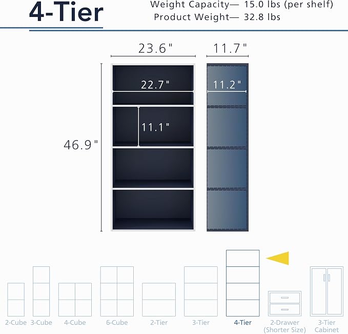 Homes: Inside + Out Apexa 4-Tier Cube Storage Organizer Shelves, Stackable Wood Bookcase Fits Cubby Bins for Organization, Dorm Teen Room Decor & Home Office, Steel Blue