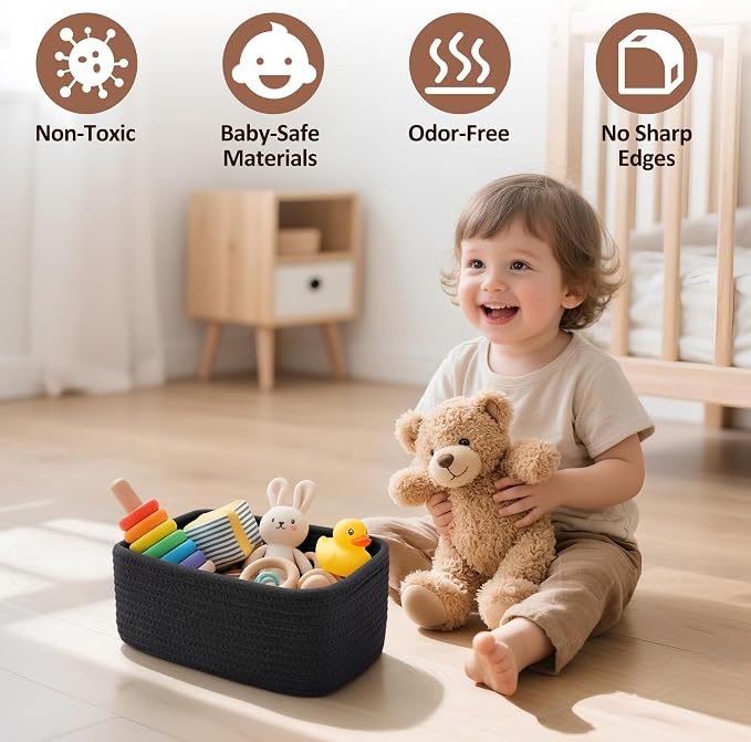 5-Pack Small Woven Rope Storage Baskets, 2 Sizes Organizer Bins | Fabric Cube Boxes and Rectangular Shallow Bins for Closet, Shelf, Bookshelf, Nursery, Changing Table, Bathroom, Toys & Home