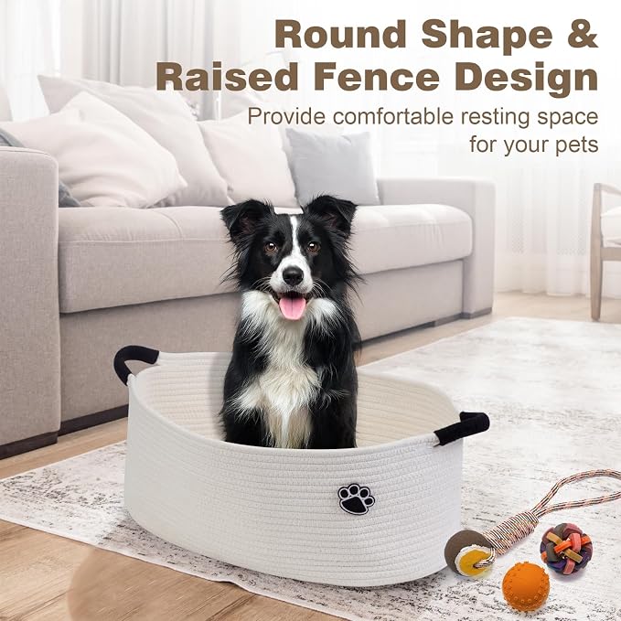 Optish Dog Toy Basket, 30L Toy Box and Bin for Dog Cat Storage, 19.7" X 11" X 7.9" Large Woven Rope Basket for Blankets, Living Room, Bedroom, White