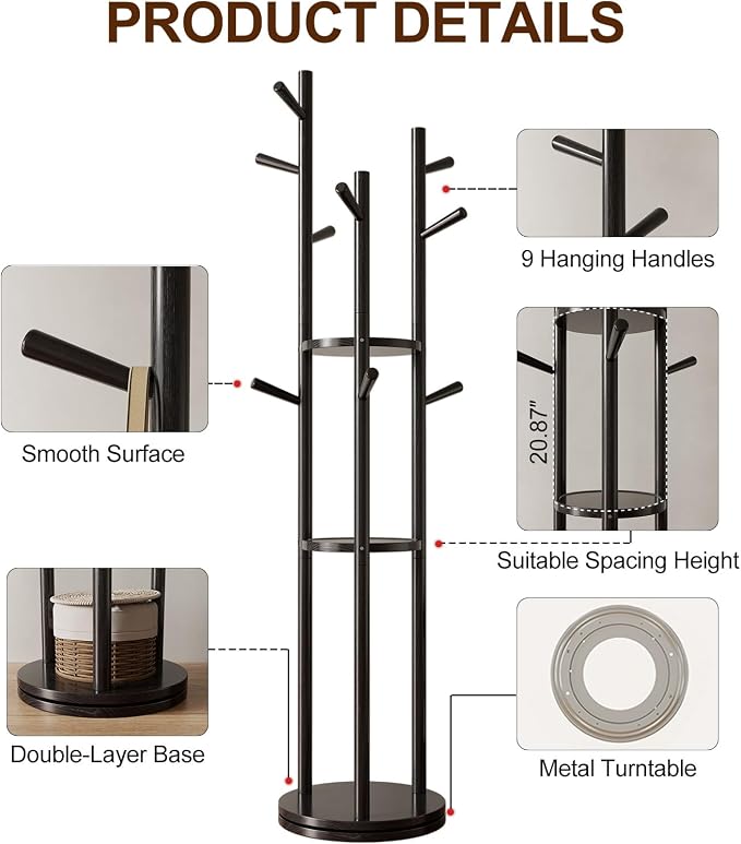 Muwuele Solid Wood Rotary Coat Rack, Freestanding Coat Rack with 3 Shelves and 9 Hooks, Coat tree for Bedroom, Entryway, Livingroom, Coat Hanger Stand for Coats, Scarves, Handbags (Black)