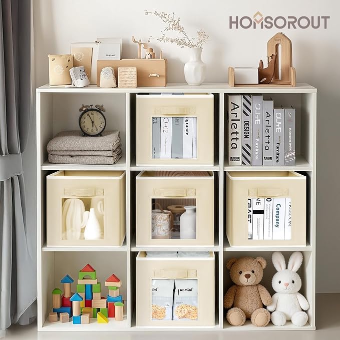 Foldable Storage Cubes - Cubby Storage Organizer with Window, Decorative Baskets for Organizing, Fabric Bins for Clothes Storage, Closet Storage Cubes-11inch, Set of 8, Beige