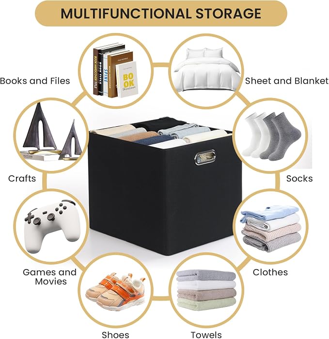 Posprica 3X Thicker Collapsible Storage Bins,13×15x13 Foldable Storage Cube Boxes Fabric Drawer for Closet Shelf Cabinet Bookcase, set of 4 (Pure Black)