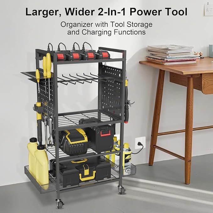 Power Tool Organizer Cart with Charging Station, Heavy Duty Garage Tool Organizer Rolling Tool Battery Storage with 8-Outlet Power Strip, a 4.9-FT Cord,4 Wheels, 2 Hanging Baskets,Hooks .Black