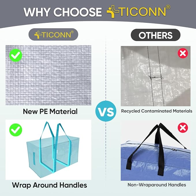 TICONN 2 Pack Extra Large Moving Bags Heavy Duty with Zippers & Carrying Handles, Durable Storage Bags Moving Boxes for Closet Organizers and Storage (2 Pack, Aqua)