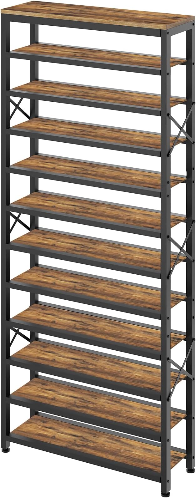 12-Tier Tall Shoe Rack Organizer, Wooden Shoe Storage for Closet Holds 48 Pairs, Sturdy Shoe Shelf with X-Shaped Metal Support, for Entryway, Bedroom, Rustic Brown and Black SS212BR
