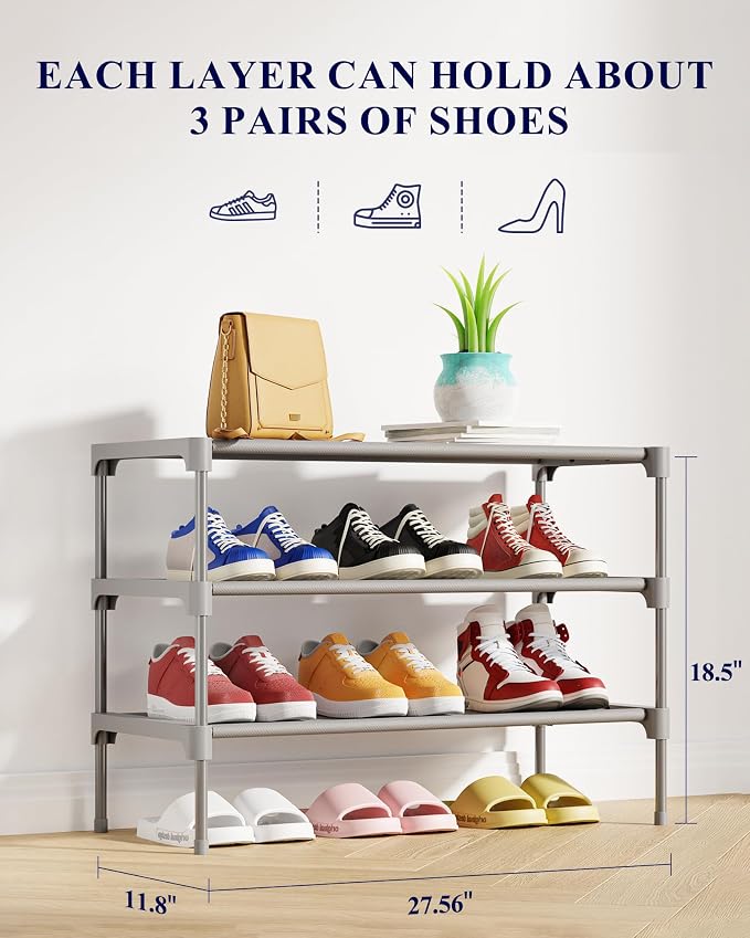 Kitsure Shoe Rack - Non-Woven Shoe Rack Shelf, Shoe Organizer for Closet, Entryway, Garage & Corridor, Stackable Shoe Shelves, 27.5" Wide - 3 Tier, Grey | Shoe Organizer for Closet, Entryway, Garage, Stackable Shoe Shelves, college dorm&apartment essen...