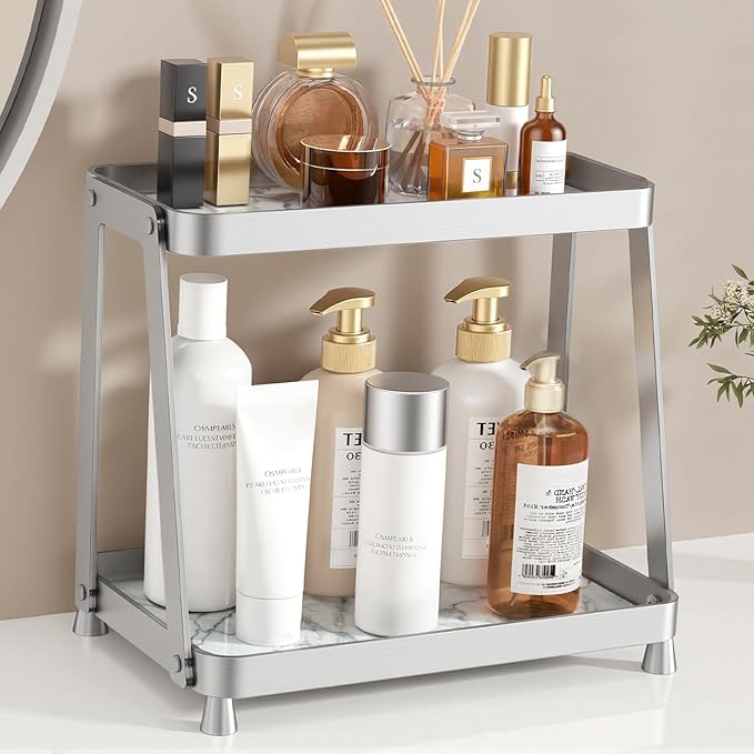2-Tier Acrylic Bathroom Vanity Organizer, Silver | Bathroom Counter Storage Shelf with Marble-Look Tray, Holds Cosmetics, Perfume, Makeup & Skincare Products