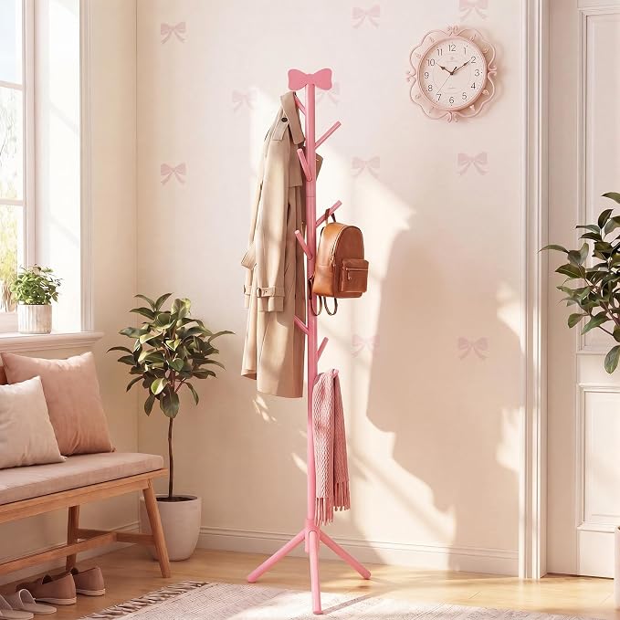 RattanView Wooden Pink Bow Coat Rack Coquette Freestanding Coat Rack with 8 Hooks and 3 Adjustable Size Tree Racks for Purse Hats Scarves Handbags Bedroom Hallway Entrance Office