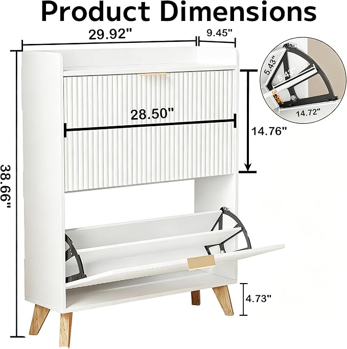 Slim Shoe Storage Cabinet for Entryway, 2 Flip Drawers Wooden Organizer with Fluted Panel, Secure Fence Top for Plants & Decor, Hidden Shoe Storage for Hallway & Foyer (White)