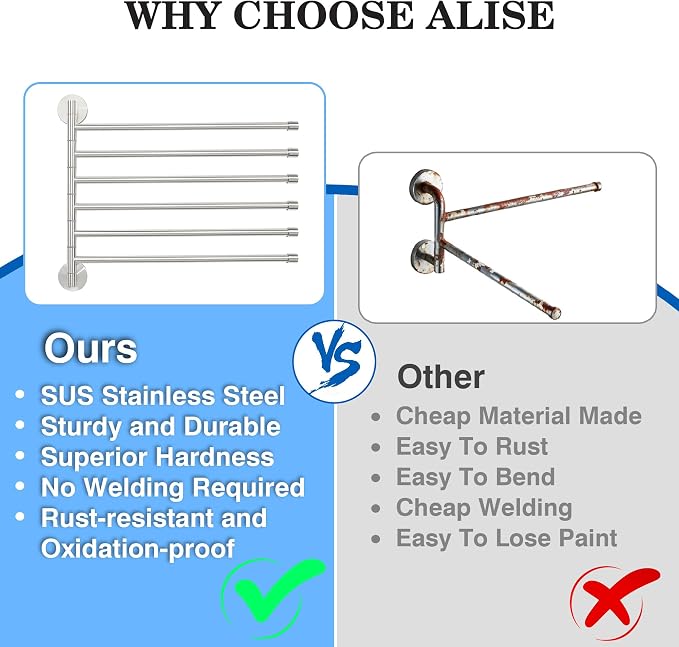Alise Swivel Towel Rack 13.9", 6 Arm Swing Out Towel Bar, Brushed Nickel | Space Saving Swing Arm Towel Rack for Bathroom Kitchen, 180° Rotating, SUS304 Stainless Steel