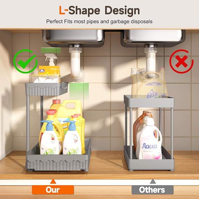 Sevenblue 3-Pack 2-Tier L-Shaped Under Sink Organizers with Sliding Drawers | Multi-use kitchen & bathroom storage, 12.85 inch grey cabinet organizer, space-saving sliding drawer design.
