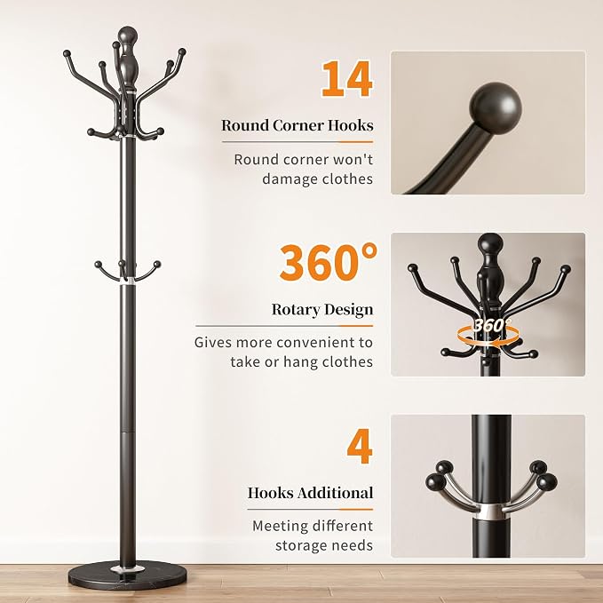 Metal Coat Rack Stand Coat Rack Freestanding with 360° Rotary,Black | Modern Coat Rack with 360° Rotary Design Sturdy Heavy Duty Hall Tree Hats Hanger Holder Stand 14 Hooks for Hallway Office