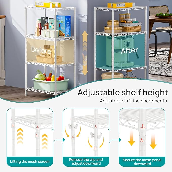 SINGAYE 4 Metal Shelves Wire Shelving Storage Shelf Adjustable Unit Pantry | 4 Tier Kitchen Laundry Room Organization Home Pantry Closet Bathroom Organizers Garage Rack 14" D x 24" W x 48" H White