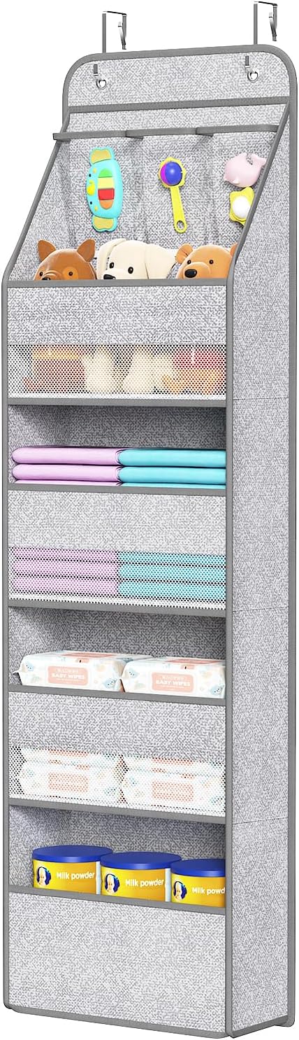 Univivi Over Door Hanging Organizer for Baby Nursery, Grey Pattern, 5-Shelf | Door Storage with Large Capacity Breathable Mesh Pockets, Fabric Over Door Organizer for Baby Essential, Bedroom and Dorm