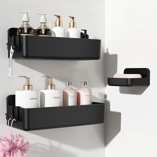 Nieifi Adhesive Shower Shelves, Black, 3 Pieces | Rustproof ABS, Large Capacity, Removable Design, Easy-Clean, No Drilling Shower Organizer for Bathroom Storage & Home Decor