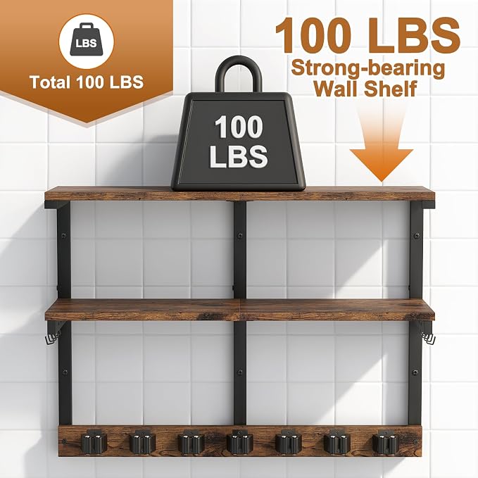 Housolution Wall Mount Broom Holder Laundry Room Storage Organizer Shelves | 2 Tier Large Capacity, Thickened Metal Frame, 100 LBS High Load-Bearing, Multifunctional with 7 Grippers & 8 Hooks