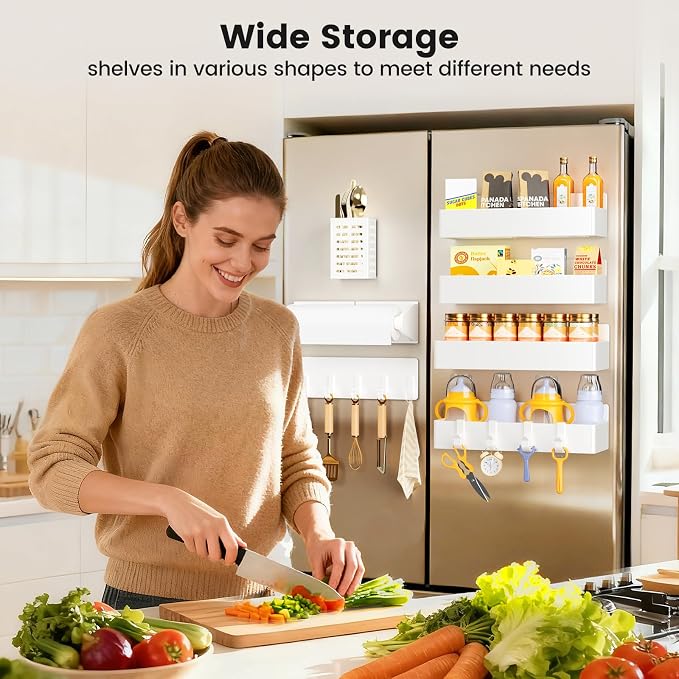 Mystozer Magnetic Spice Rack for Refrigerator,7 Pack Magnetic Shelf,Fridge Magnet Organizer with Paper Towel Holder,Utensils Racks,Hook Rack,Fridge Organizers and Storage White(7 Pack)