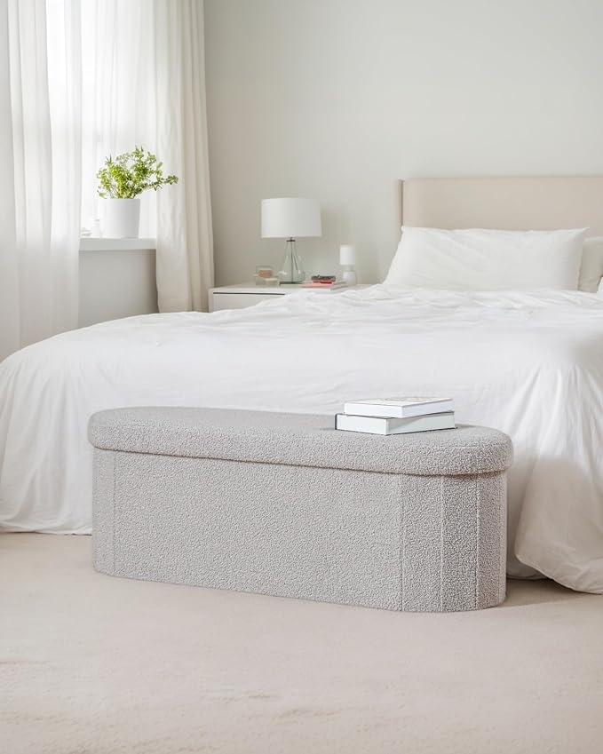 43.3 Inches Foldable Storage Ottoman Bench, Oval Footrest | Teddy Boucle Fabric, Hidden Storage, Soft Padded Seat, End Of Bed Bench For Bedroom, Living Room and Entryway, Grey