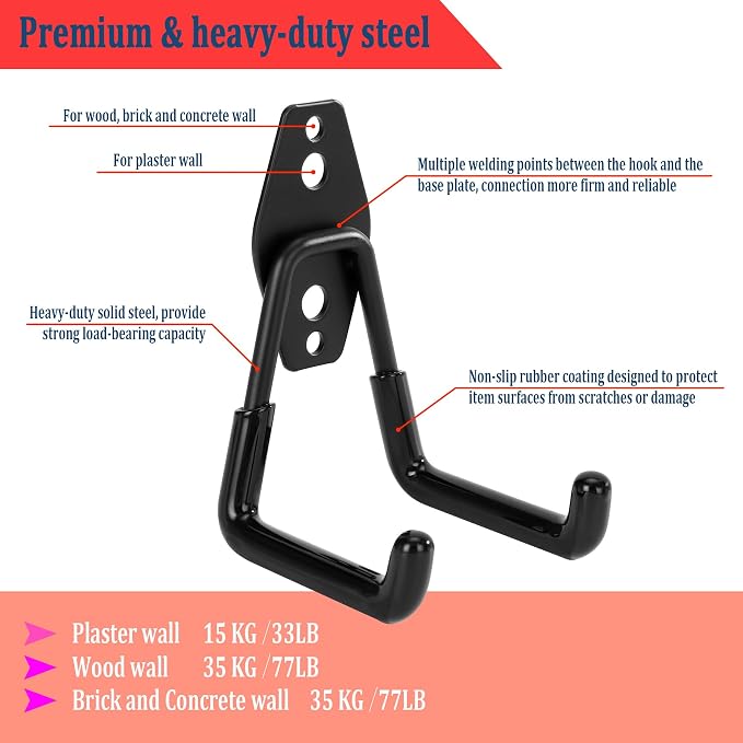 4 Pack Garage Hooks Heavy Duty, Garage Tool Organizer Wall Mount | Utility Organizer, Steel Utility Storage Hooks for Ladders, Garden Tools, Bike, Ropes, Bulk Items