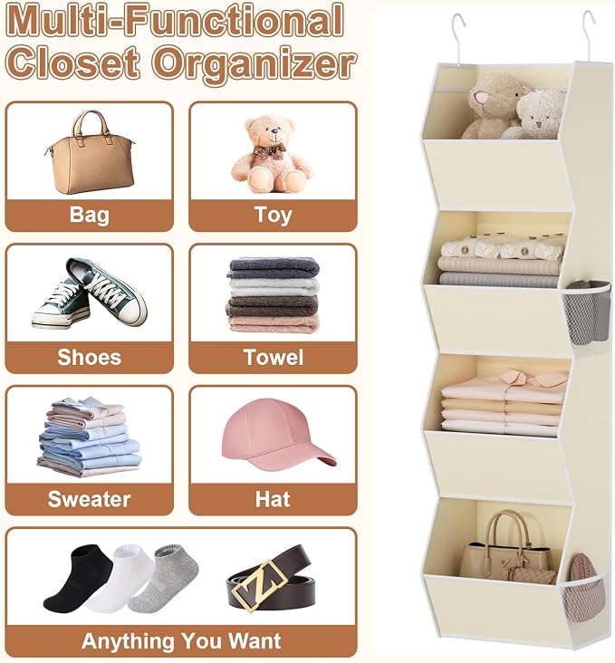 Hanging Closet Organizer 4 Shelf Collapsible Fabric Closet Organizers and Storage Hanging with Mesh Pocket for Clothes, Hanging Wardrobe Organizers and Storage for Sweater T-Shirt Shoes Toys, Beige