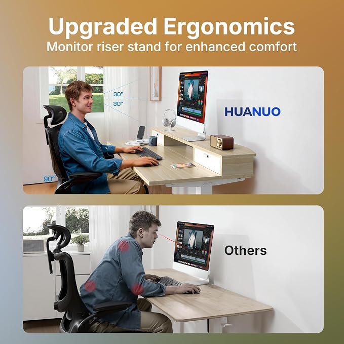 HUANUO 47.2" X 23.6" Electric Standing Desk with 2 Drawers, C-Clamp Mount Compatible, Height Adjustable Computer Desk, Home Office Stand Up Desk with 4 Preset Heights & 2 Hooks, Light Walnut