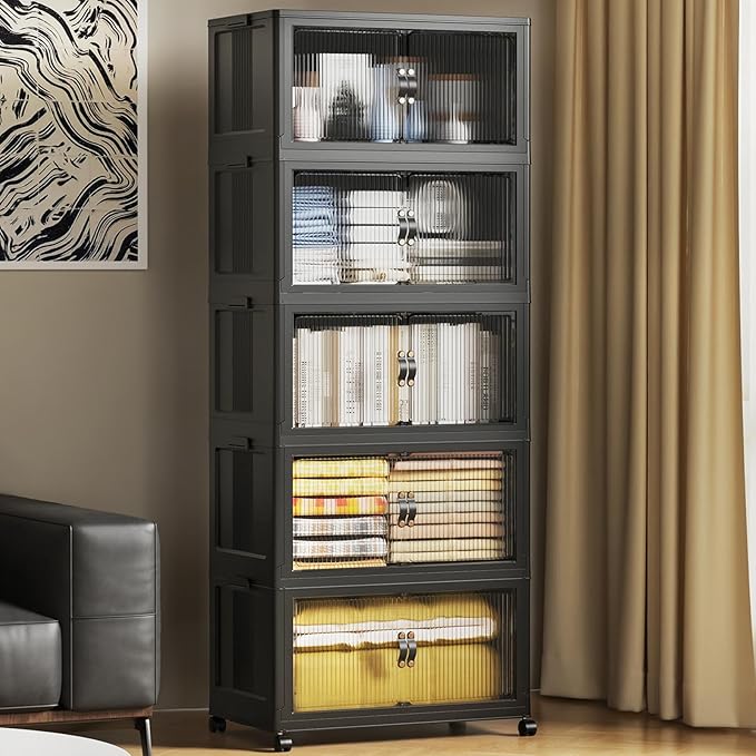 SAILUN 81Gal/325Qt Stackable Storage Bins Folding Collapsible Storage Bins with Lid, Closet Organizers and Storage Box with Door Black 22" W x 13" D x 62" H