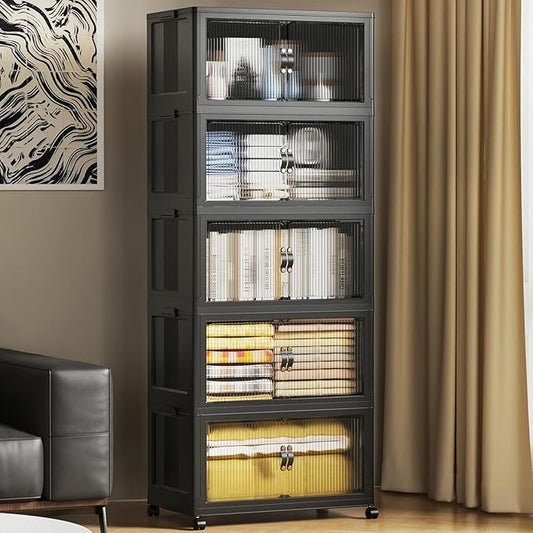 SAILUN 81Gal/325Qt Stackable Storage Bins Folding Collapsible Storage Bins with Lid, Closet Organizers and Storage Box with Door Black 22" W x 13" D x 62" H