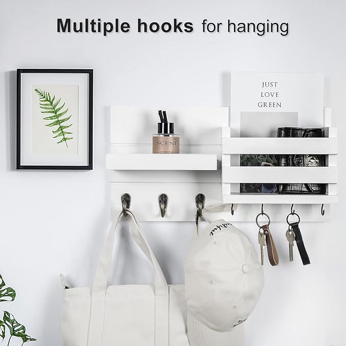 Lwenki Mail Organizer for Wall Mount – Key Holder with Shelf Includes Letter Holder and Hooks for Coats, Dog Leashes – Rustic Wood with Flush Mounting Hardware (16.5” x 8.7” x 3.5”)