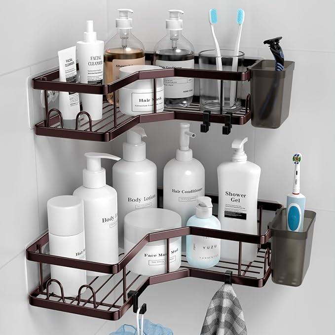 AKTECKE Shower Caddy Corner Organizer: 2Pack Adhesive Shower Shelf Essentials - No Drilling Stainless Steel Bathroom Storage Rack with Hooks and Toothpaste Holder - Shower Accessories
