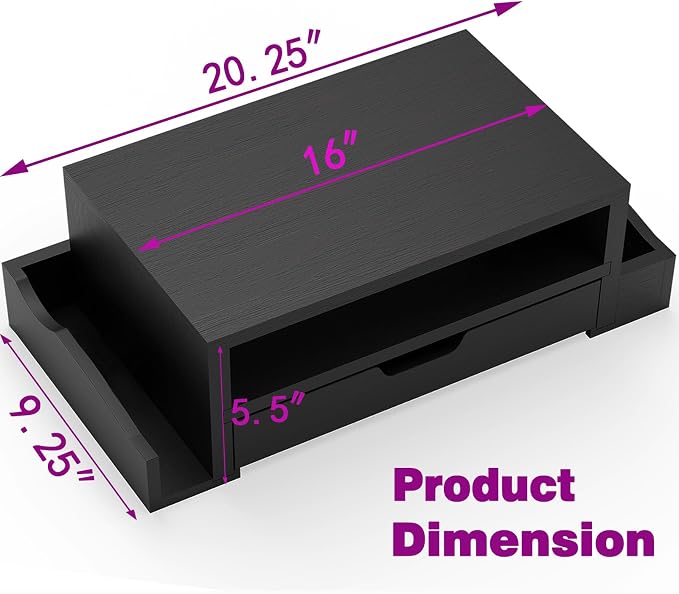 Simple Trending Wood Monitor Stand Riser, Desktop Oraganizer, Black | Desk Organizer and Accessories, Laptop & Printer Stand, Drawer & Pen Holder, for Home Office, 20.25"W x 9.25"D x 5.5"H
